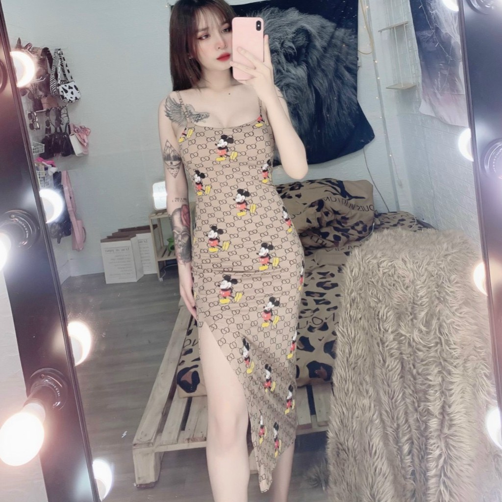 Đầm hai dây body họa tiết chữ xẻ tà sau kèm mút ngực cực xinh , chất thun bozip mềm mịn ( ảnh thật )