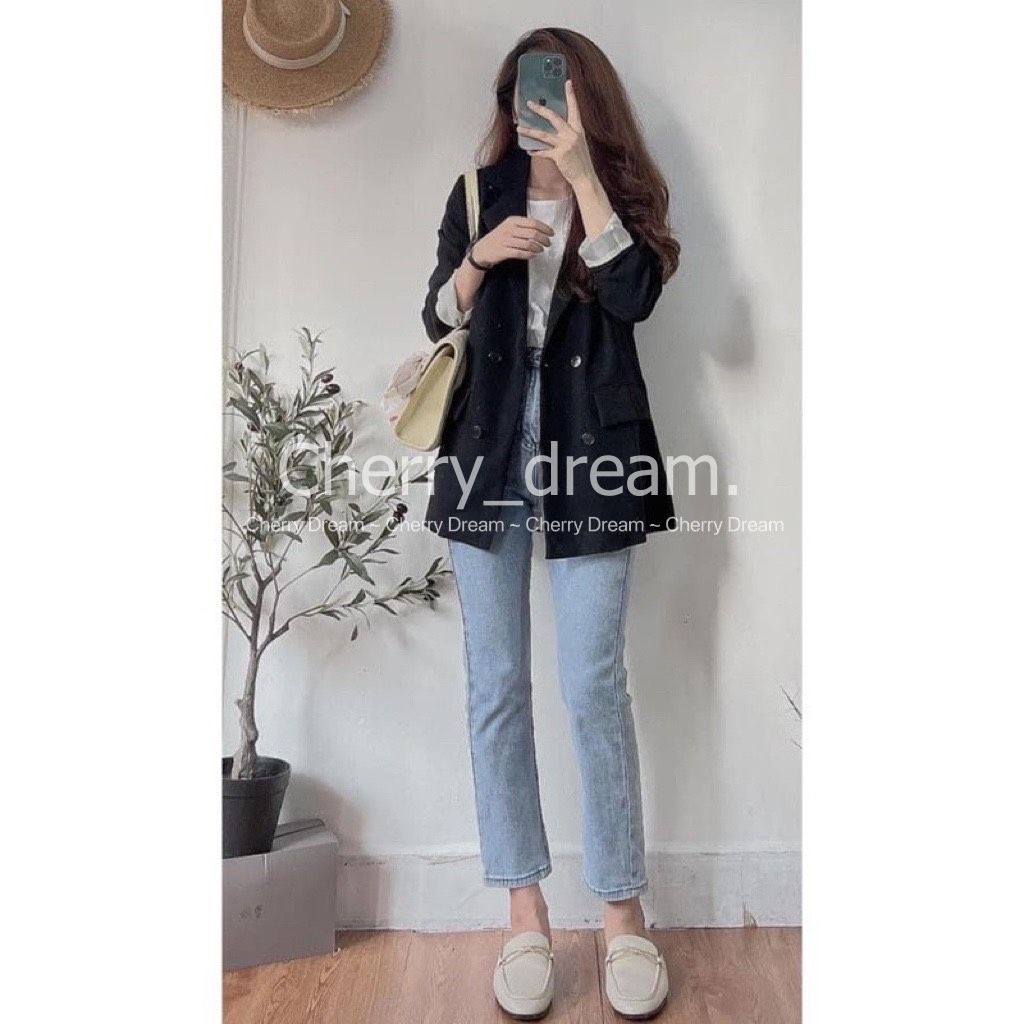 Áo blazer nữ áo vest khoác ngoài phong cách hàn quốc màu đen nâu tây kẻ 2 lớp