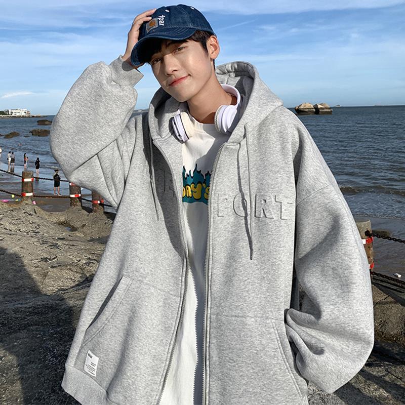Áo khoác hoodie dáng rộng màu xám phong cách Hong Kong thời trang mùa thu cho nam size S-3XL