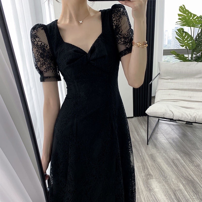 French temperament lace stitching dress 2022 summer new Hepburn wind short sleeve design slim dress women