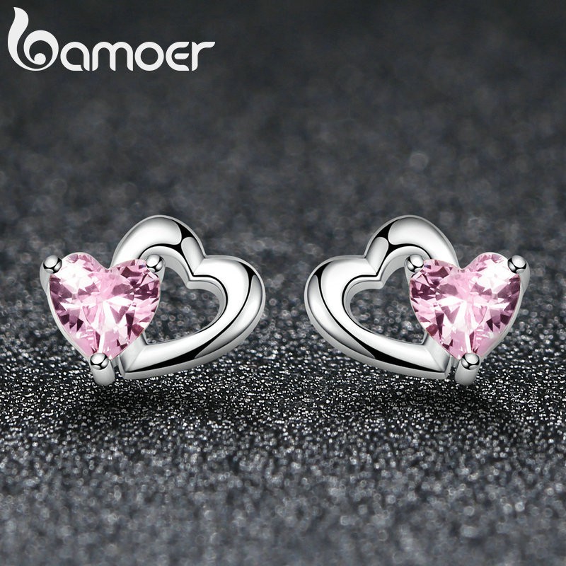 Đôi Bông Tai Bamoer SCE090 Hình Trái Tim Đính Đá CZ Thời Trang Thanh Lịch Cho Nữ