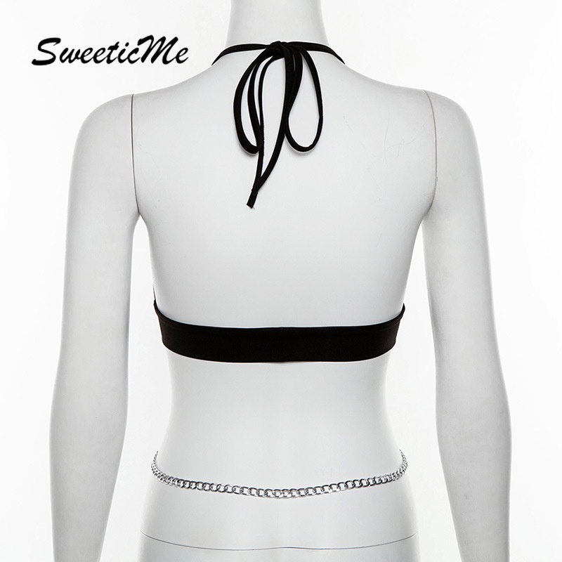 SweeticMe Women's New Halter Neck Tie V-neck Sexy Metal Decorative Halter Top