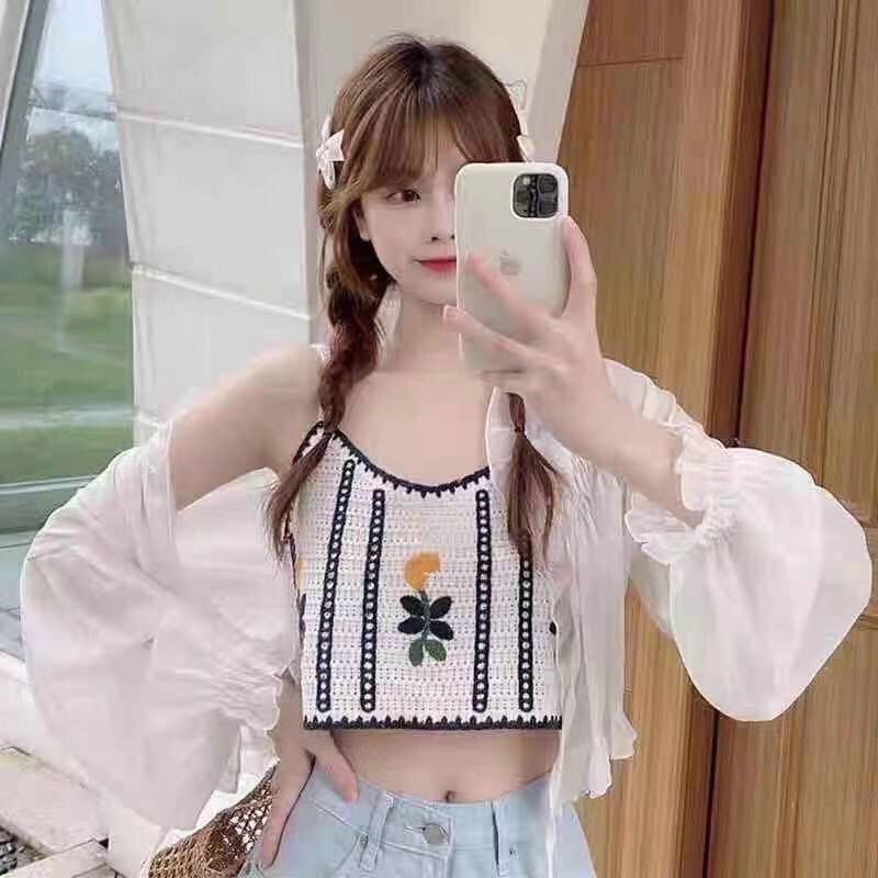 💥Áo 2 dây len đan thêu hoa croptop cho nữ