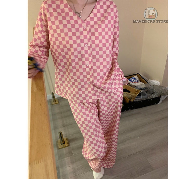 Bộ đồ ngủ pijama dài tay họa tiết kẻ caro trắng đỏ thời trang mùa thu mới thoải mái cho nữ