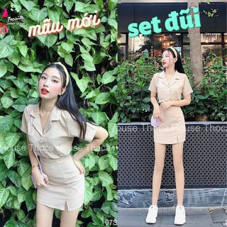 Set đũi nữ áo cổ vest có túi kèm váy ngắn mẫu mới siêu hot siêu thời trang