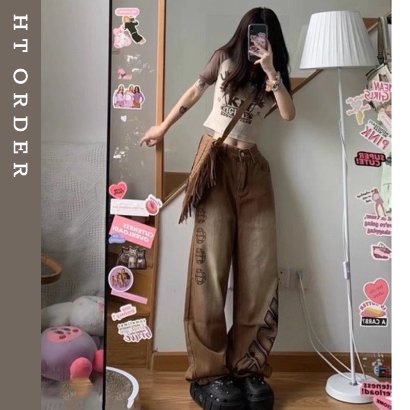 ORDER_ Quần jeans nâu nữ ống suông đứng phối màu bạc phù hợp cho các bạn trẻ năng động phong cách ulzzang