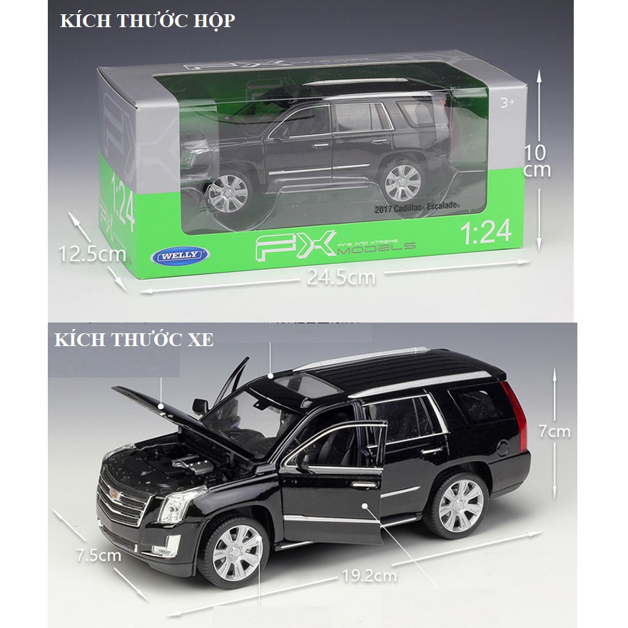 Mô hình xe ô tô Cadillac Escalade 1:24 Welly bằng kim loại mở được 2 cửa xe và nắp máy quà tặng đồ chơi trẻ em