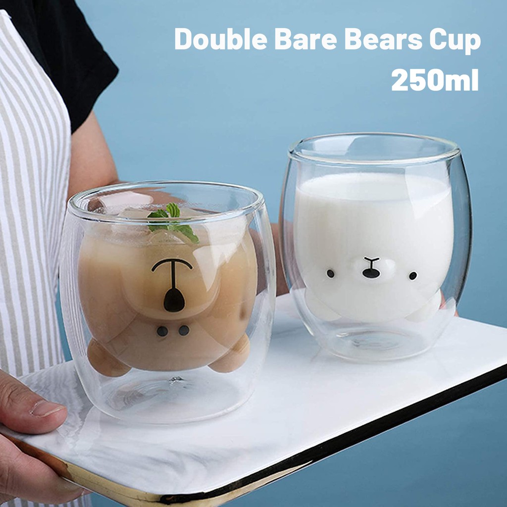 Cốc hình gấu bằng thuỷ tinh 2 lớp, uống trà - cafe - nước hoa quả [Hàng có sẵn]