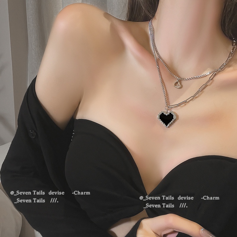 Set 2 Vòng cổ mặt hình trái tim đen phong cách Mosaic thời trang sàn điệu cho nữ