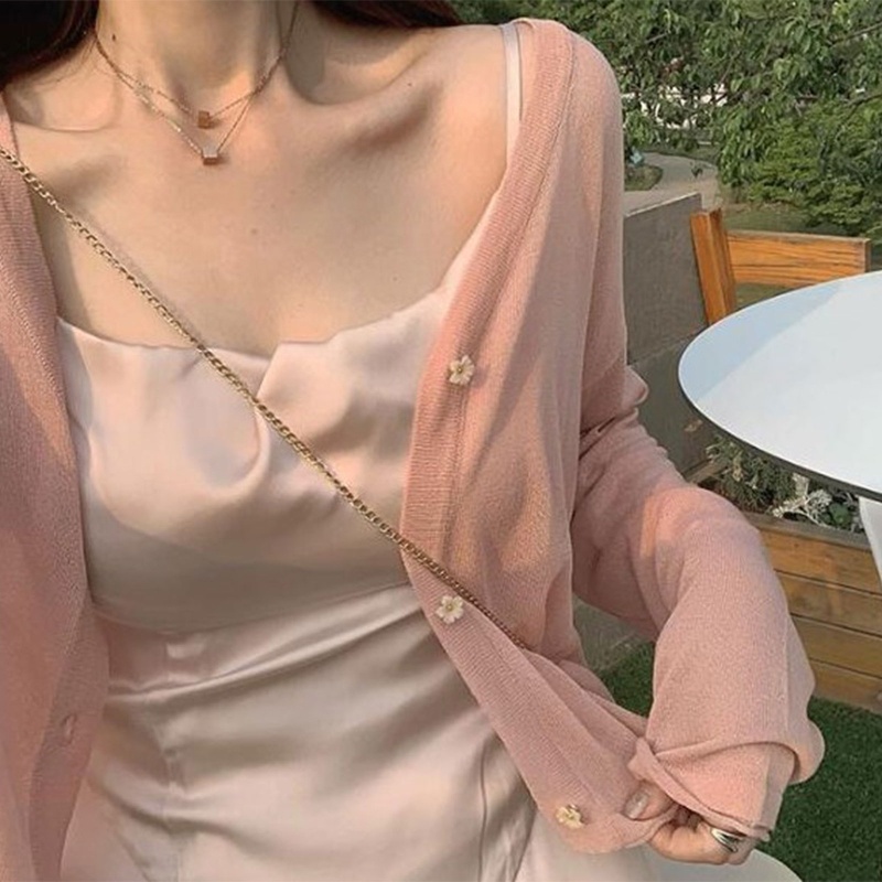 Áo Khoác Cardigan Dệt Kim Tay Dài Cổ Chữ V Cài Nút Màu Trơn Thời Trang Mùa Hè Xinh Xắn Cho Nữ