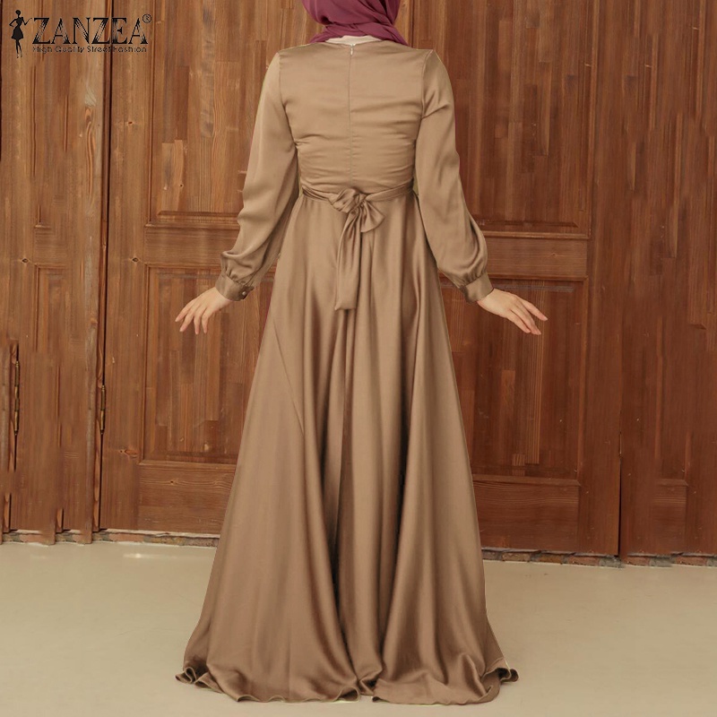 ZANZEA Women Muslim O-Neck Party Solid Satin Lace-Up Elegant Full Sleeve Casual Holiday Swing Maxi Dress