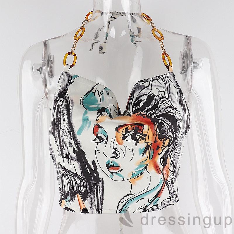 Áo dây phối dây xích cổ yếm hở lưng in họa tiết chân dung quyến rũ thời trang cho nữ