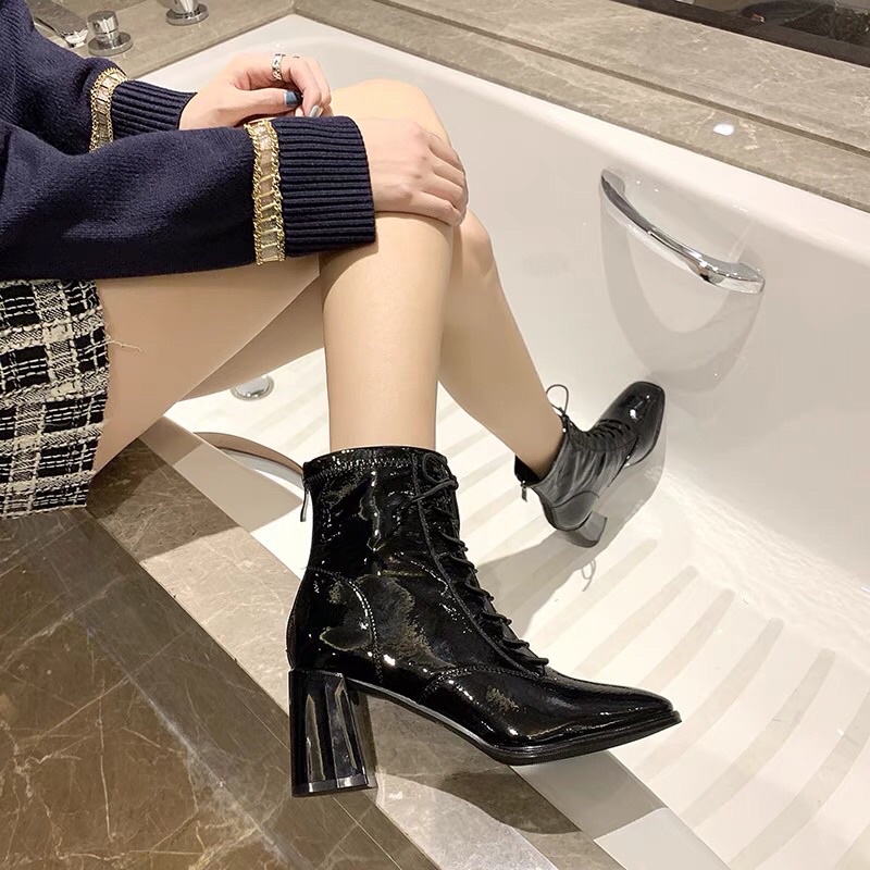 Giày bốt da bóng nữ gót vuông loại sịn , boots nữ cao gót phong cách thời trang