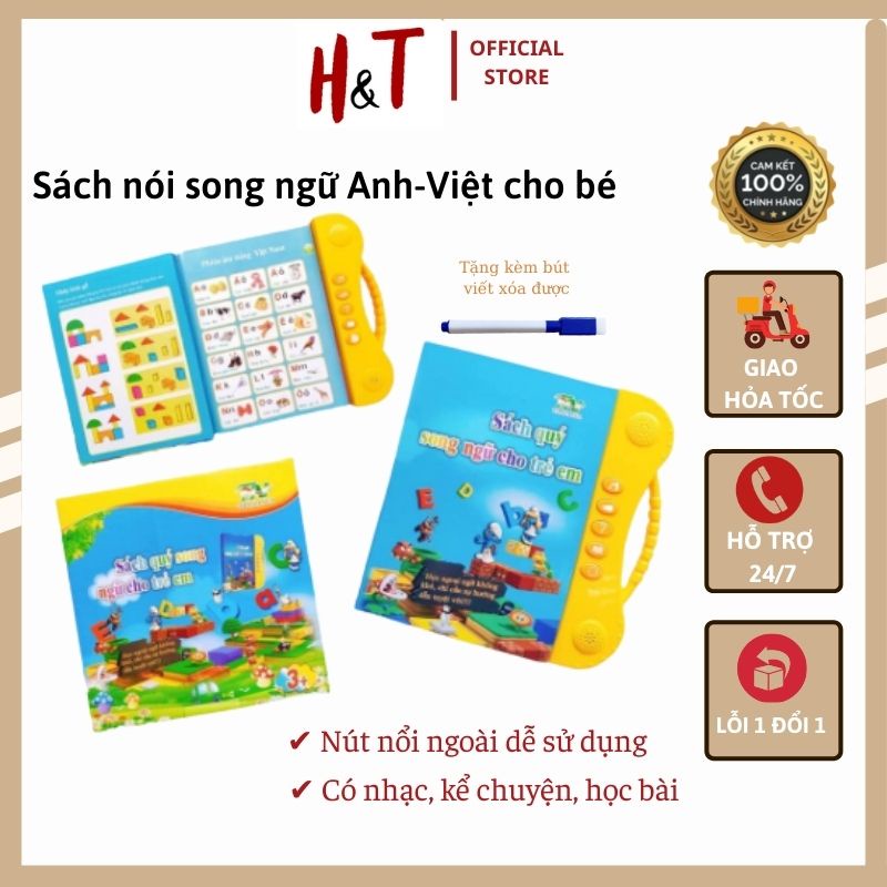 🍀Bản nâng cấp-Tặng bút🍀 Sách Nói Điện Tử Song Ngữ Anh - Việt cho bé từ 1-7 tuổi, bảng chữ cái, chữ số, con vât (sách to)