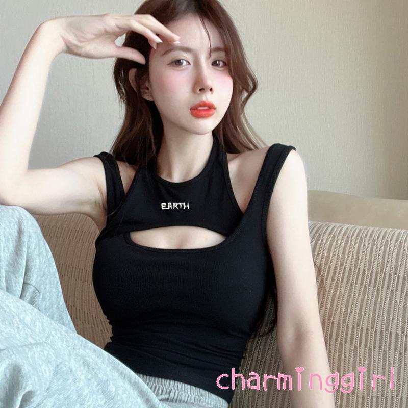 QAQ-Women´s Camisole Halterneck Backless Hollowed Letters Print Slim Fit Tops