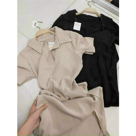 ( MIỄN PHÍ SHIP 2022) Đầm nữ ôm body, đầm thun cổ sơ mi tay ngắn xẻ tà dáng dài, đâm thun trơn phong cách HQ