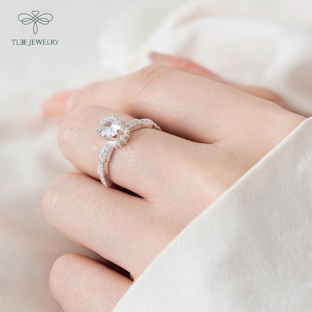 Nhẫn bạc nữ TLEE trụ đá tròn cao viền ziczac phân tầng sang trọng NCJ A0201