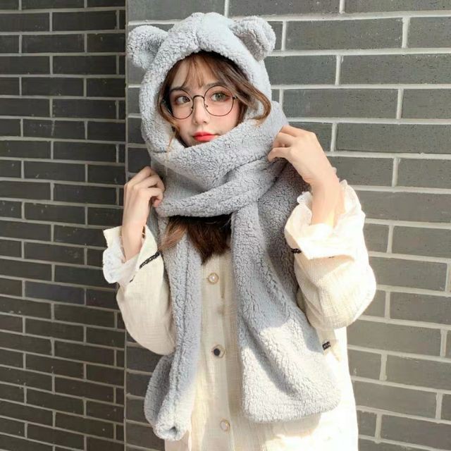 CÓ SẴN Mũ Lông Trùm Đầu Choàng Cổ Có Tai Gấu Cao Cấp Cực Ấm Áp NoBrandFemaleWool