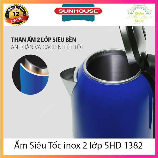 Ấm Siêu Tốc Inox 2 Lớp Cách Nhiệt Sunhouse SHD 1382