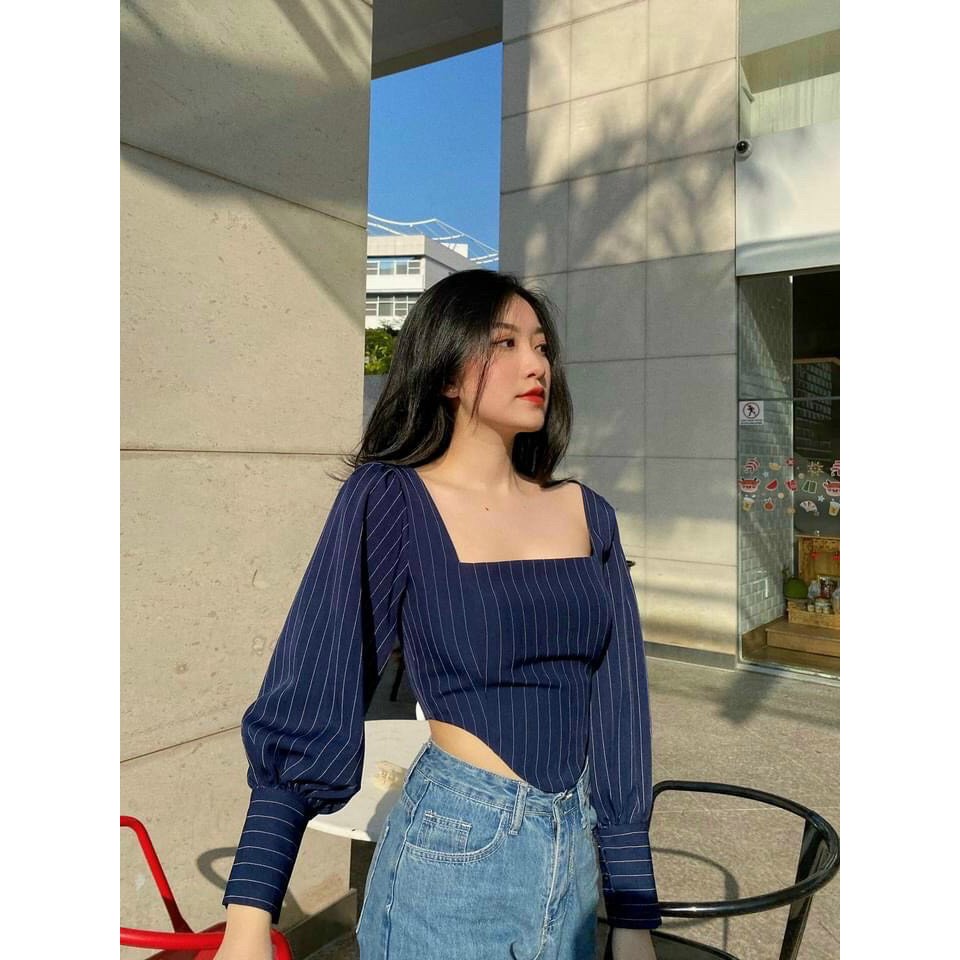Áo crop cổ vuông navy  KÈM ẢNH THẬT  BAO KIỂM ❌
