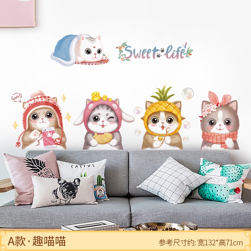 Decal dán tường Mèo cute đội mũ QR9446 trang trí phòng ngủ, phòng khách phòng học