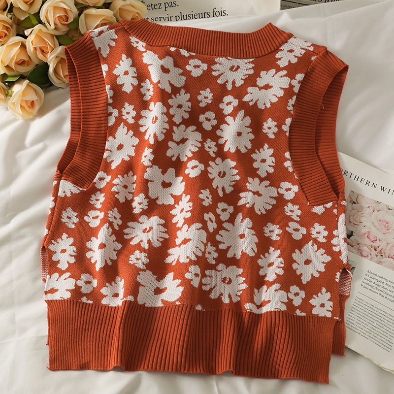 Áo khoác không tay dáng rộng in hình phong cách retro thời trang mùa thu