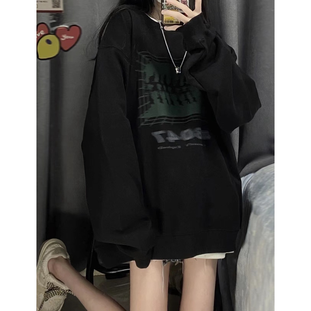 Áo nỉ sweater nữ form rộng màu đen, áo sweater nữ nỉ hàng quảng châu