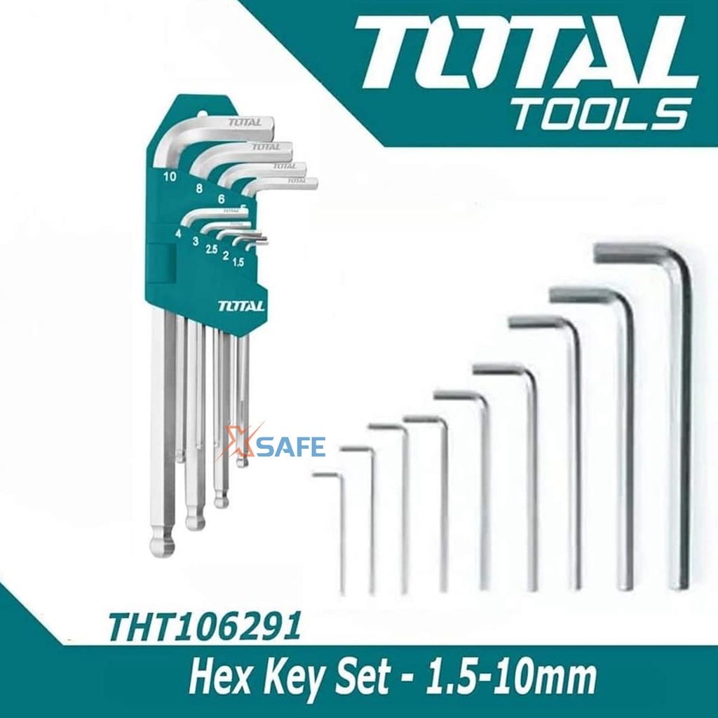 Bộ khóa lục giác bi dài TOTAL THT106291 1 đầu bằng, 1 đầu bi Lục giác thép Cr-V chắc chắn bền bỉ không gỉ sét nhỏ gọn