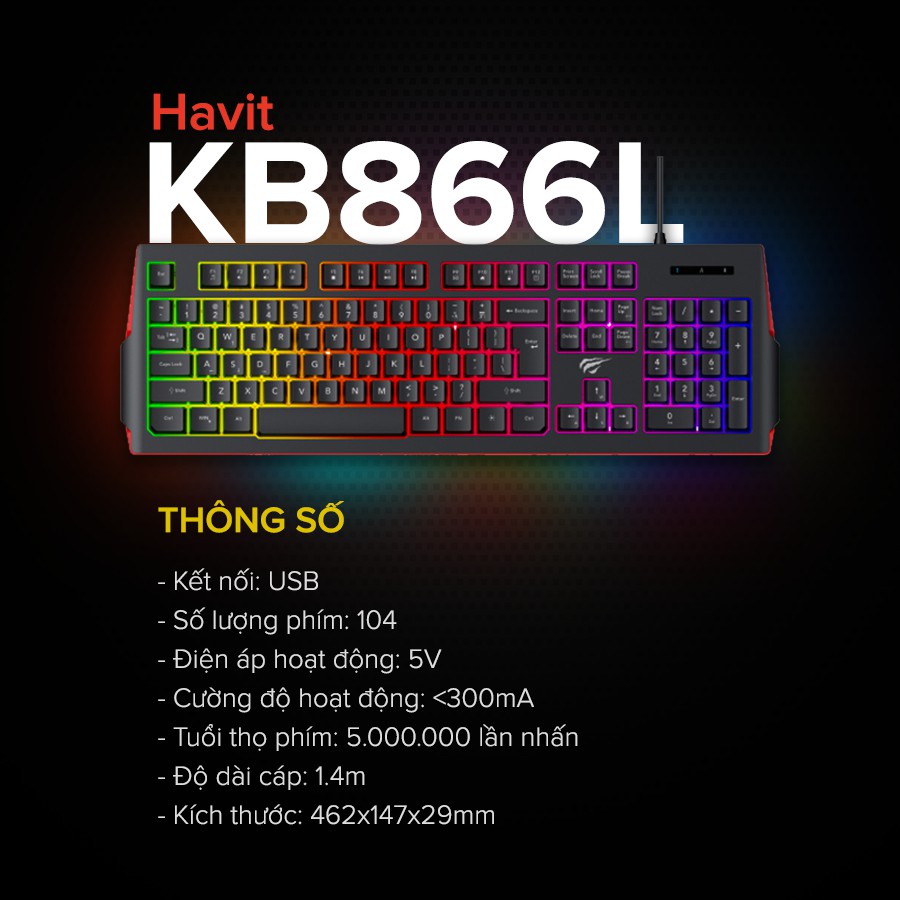 Bàn Phím Gaming HAVIT KB866L, 104 Phím, Led Backlit Rainbow, Thiết Kế Công Thái Học - Chính Hãng BH 12 Tháng Dizigear