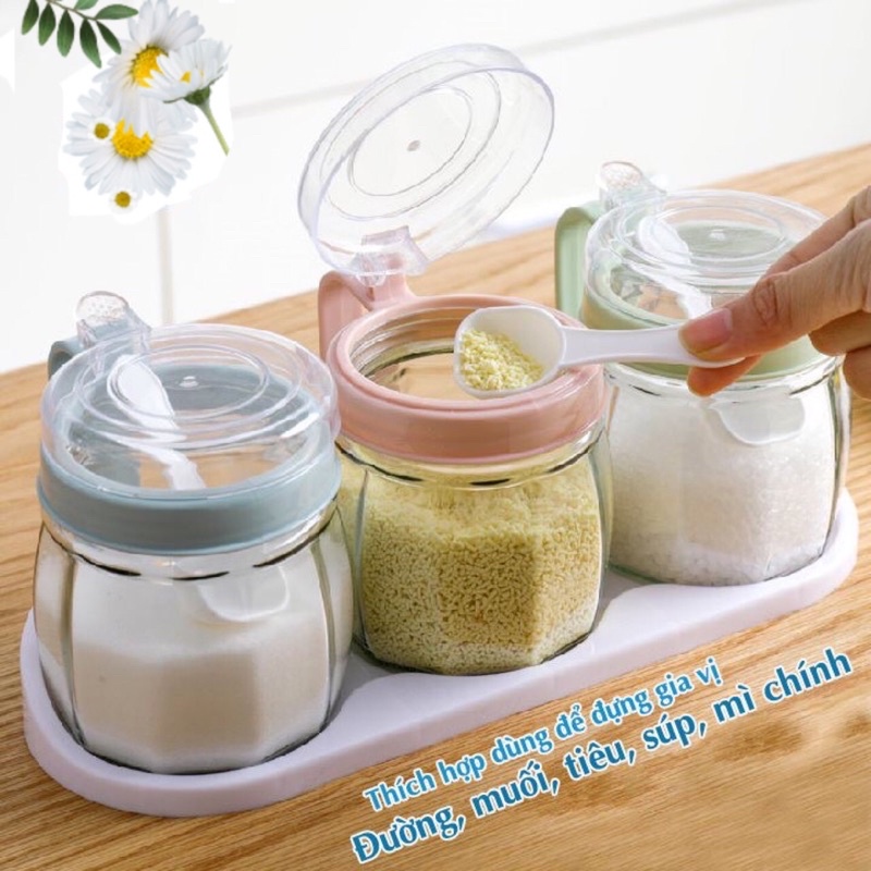 Bộ 3 hộp hũ đựng gia vị nắp bật tiện dụng Việt Nhật kèm thìa