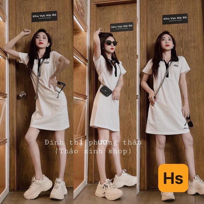 vay thun suông polo cổ bẻ ngắn tay thêu Hs