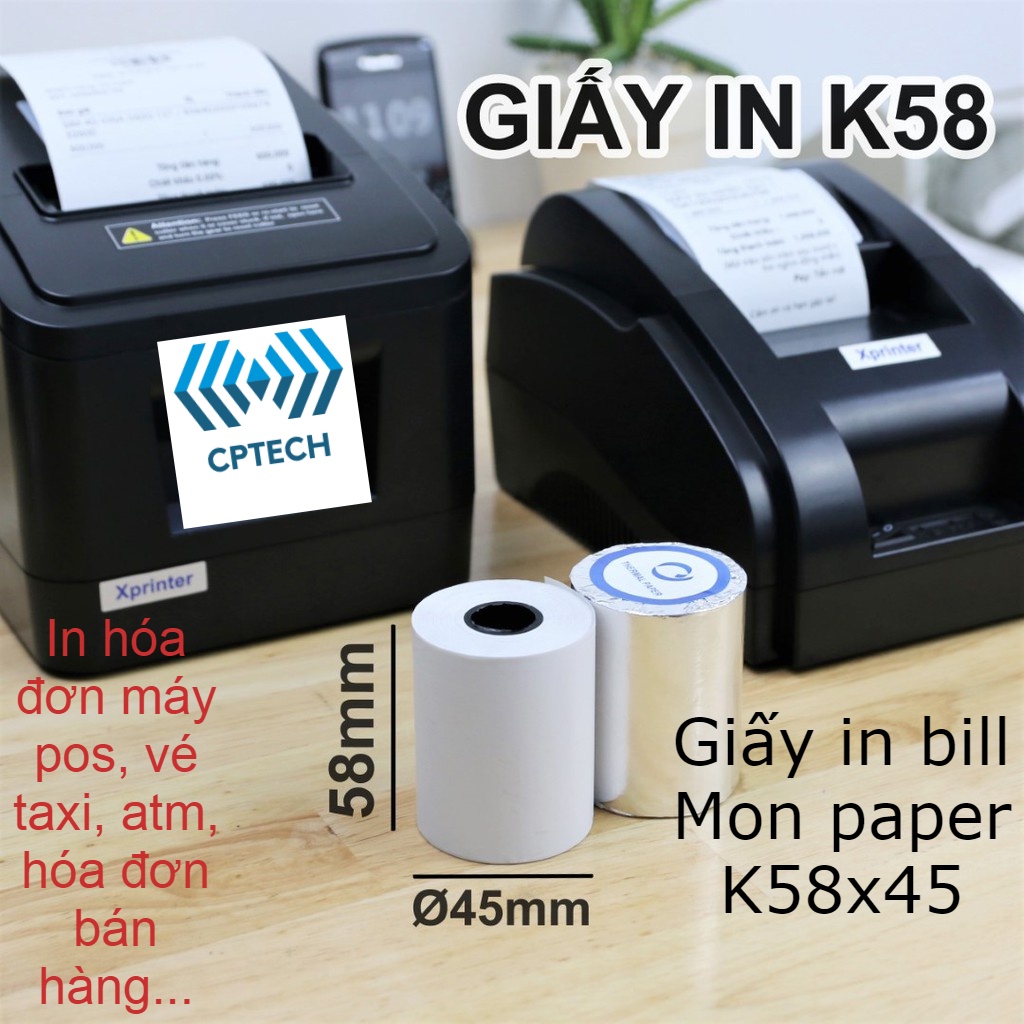 GIẤY IN BILL  K80 K58(Pos,taxi) GIẤY IN NHIỆT, IN HÓA ĐƠN NHÀ HÀNG, CÀ PHÊ, TẠP HÓA, SIÊU THỊ - Cuộn Lẻ Đường Kính 45mm