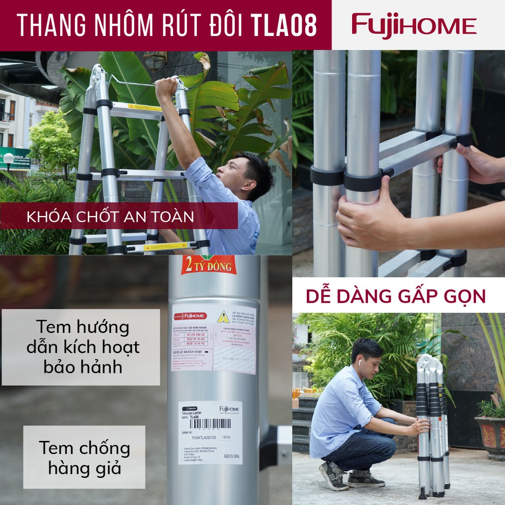 Thang nhôm rút chữ A Nhập Khẩu 4,4M - 5M gấp gọn chính hãng FUJIHOME, thang rút đôi xếp gọn gia đình đa năng Nhật Bản