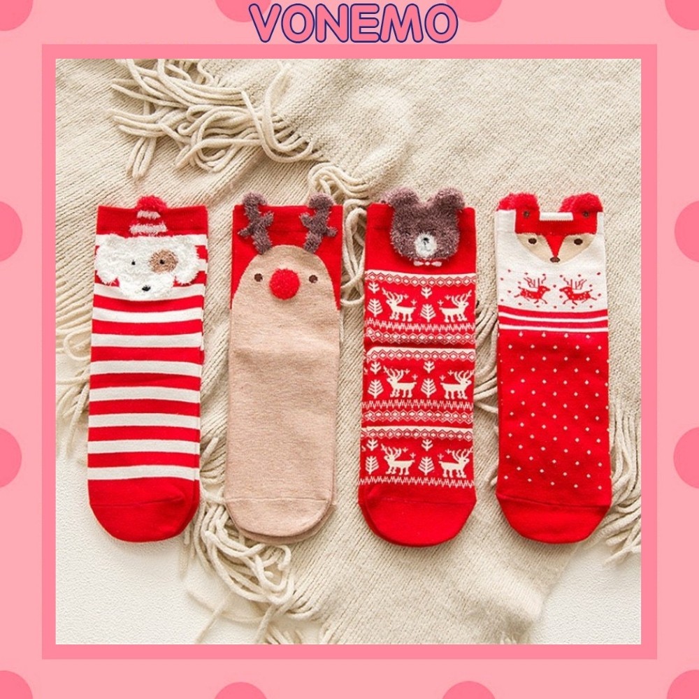 Set 4 đôi vớ tất Noel, Giáng Sinh, Năm Mới Đỏ Vui Nhộn TN122