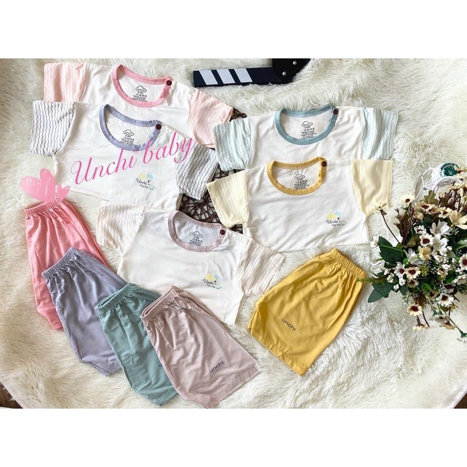 Bộ cộc tay unchi cúc cài vai, áo phối viền, chất petit cho bé trai/ bé gái