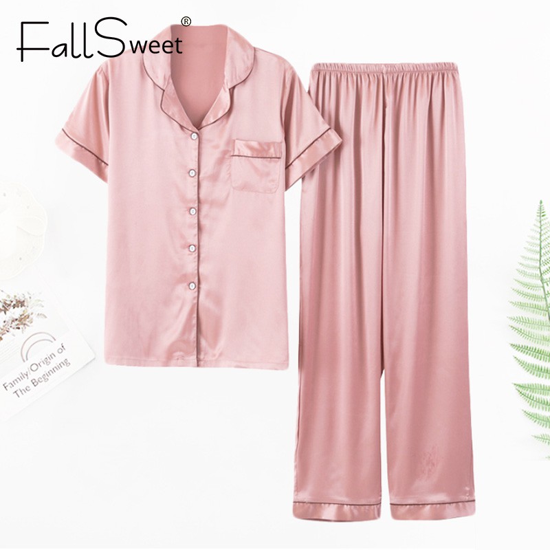 Set đồ ngủ FALLSWEET vải lụa màu trơn cổ chữ V size cho phái nữ