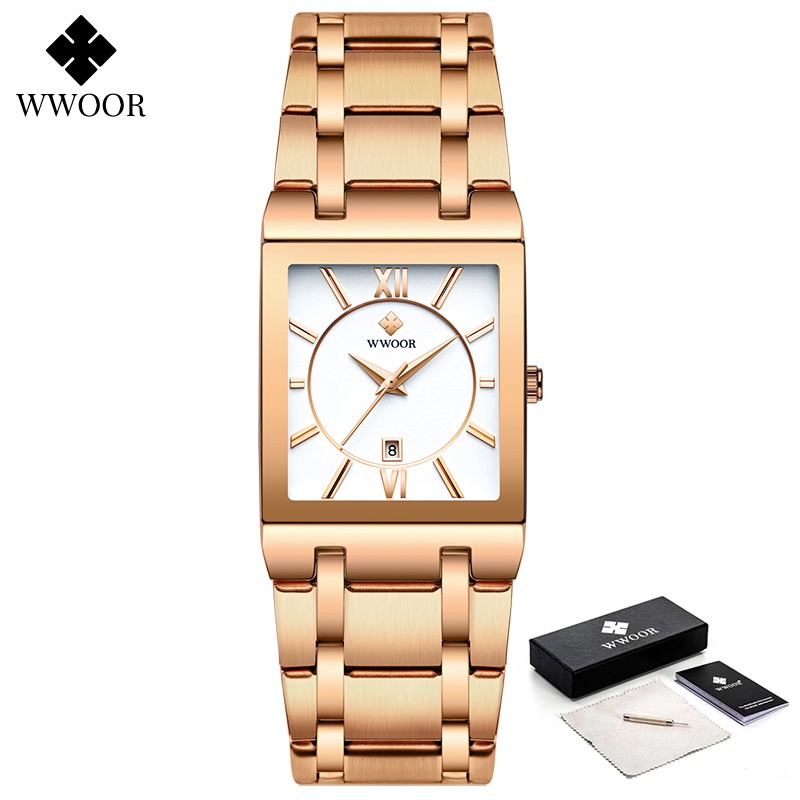 Wwoor Mới Đồng Hồ Đeo Tay Mặt Vuông Màu Vàng Hồng Sang Trọng Reloj Mujer-8858 Cho Nữ