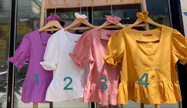 Áo Croptop Cổ Vuông Tay Bồng Tặng Scrunchie Cùng Màu