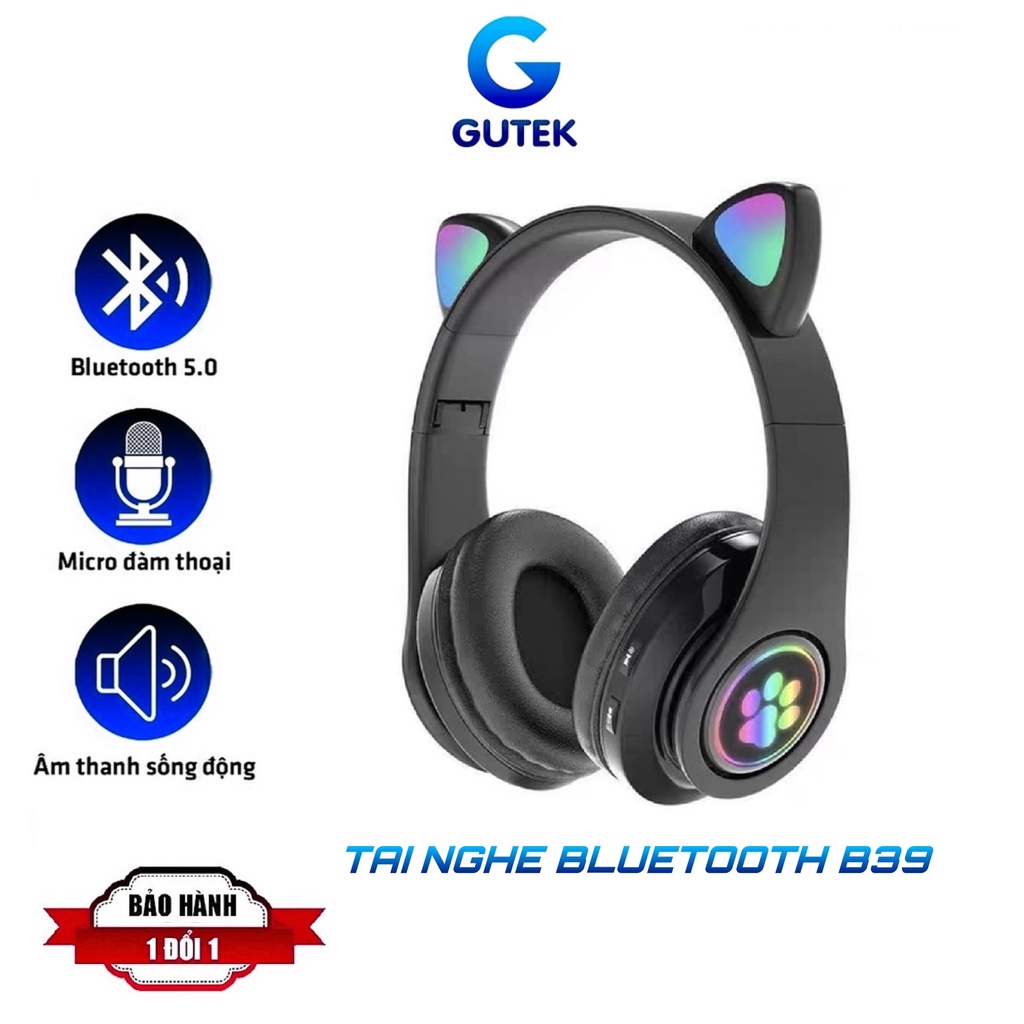 Tai nghe bluetooth B39 tai mèo Headphone chụp tai có mid đèn led đổi màu âm thanh chất lượng