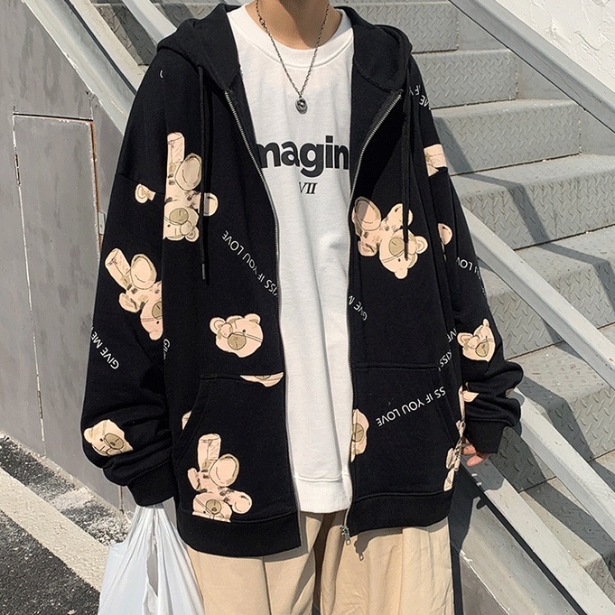 Áo Khoác Hoodie Dáng Rộng In Hình Gấu Đơn Giản Phong Cách Hàn Quốc Thời Trang Trẻ Trung Cho Nam