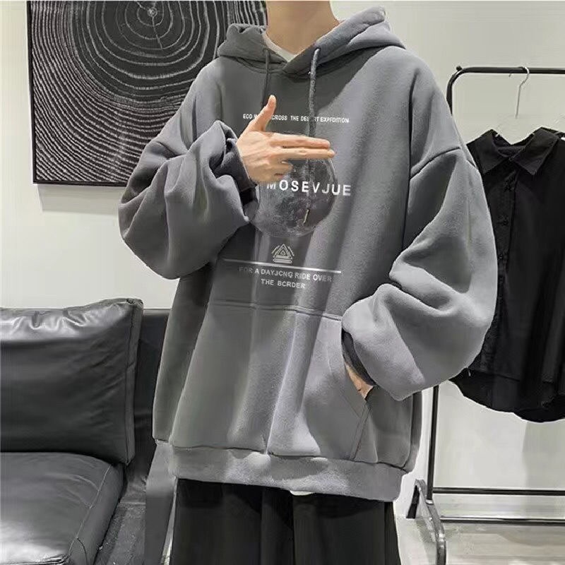 Áo Hoodie Lót Nhung Dáng Rộng In Hình Mặt Trăng Thời Trang Thu Đông Hàn Quốc Cho Nam