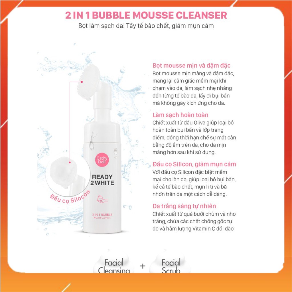 Sữa rửa mặt trắng da Cathy Doll Ready 2 White 2in1 Bubble Mousse Cleanser 120ml dạng bọt | BigBuy360 - bigbuy360.vn