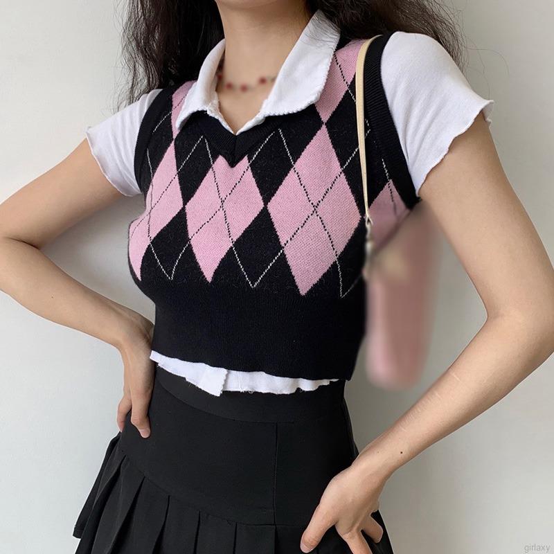 Áo không tay dệt kim cổ chữ v màu tương phản phong cách retro cổ điển Hàn Quốc