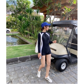 Bikini liền mảnh bodysuit có tay khoá kéo màu đen chạy sọc trắng form short kín đáo VATIXA BKN18-TAY DÀI