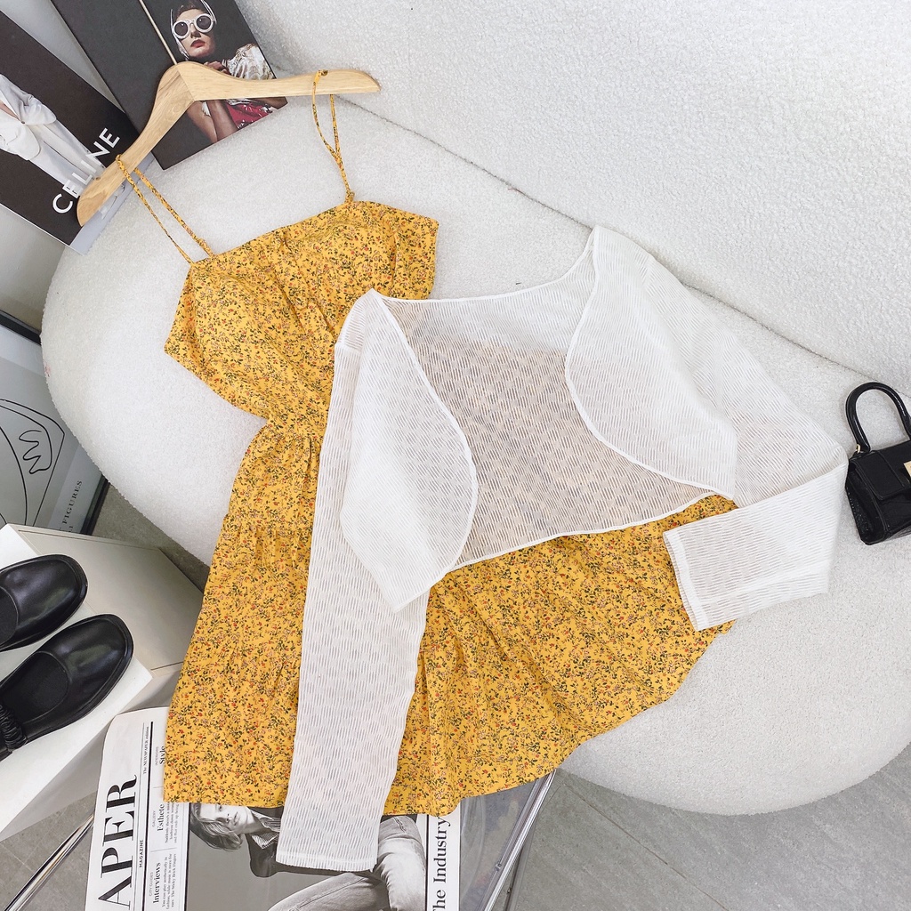 SET ĐẦM HOA NÚT BỌC + ÁO KHOÁC TRẮNG