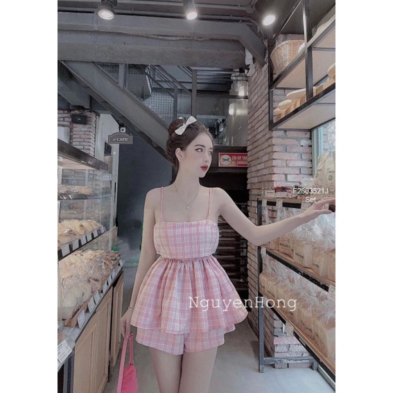 Bộ Áo 2 Dây Quần Short Kẻ Nơ Lưng 🦋 Set Áo Quây Dáng Ngắn Kèm Quần Đùi Ống Rộng 2 Màu 🦋