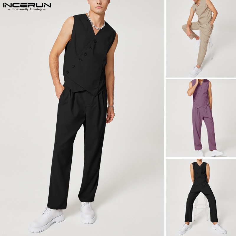 INCERUN Set Áo Lửng Sát Nách Và Quần Dài Ống Rộng Lưng Cao Dành Cho Nam