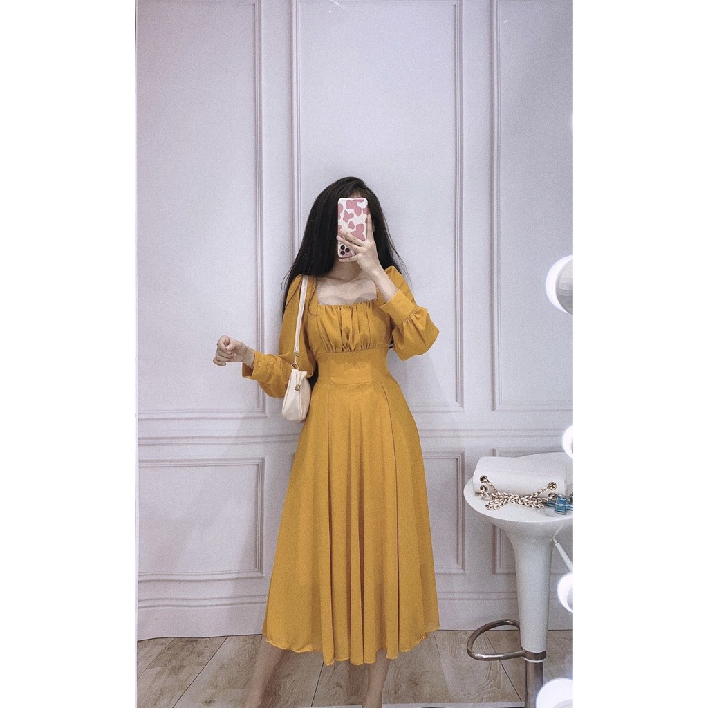 ĐẦM NỮ MAXI CỔ VUÔNG MÀU VÀNG - TRẮNG - NU - ĐEN - ĐỎ [CÓ VIDEO] | BigBuy360 - bigbuy360.vn