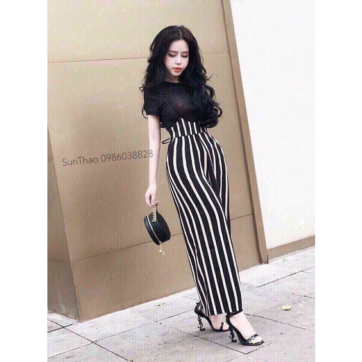 Set yếm thun quần dài ống rộng kẻ sọc, set bộ áo thun phối yếm