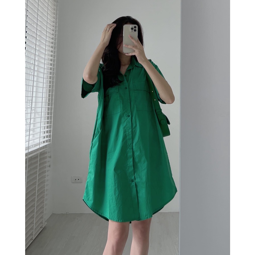 Váy sơ mi basic V.105, Váy kiểu trơn vạt cung cổ đức cộc tay túi nắp hộp ngực 3 màu năng động - Thời trang nữa Chấm Bi | BigBuy360 - bigbuy360.vn